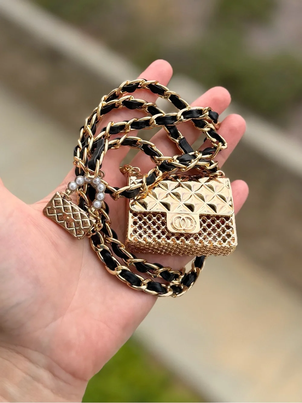 Mini Purse Charm Gold Chain Belt– Statement Waist Belt
